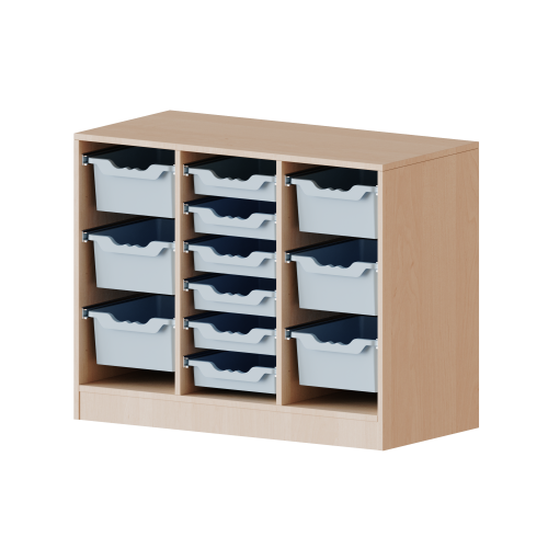 ErgoTray Regal, dreireihig, 2 Ordnerhöhen - evo180 Serie Breite 104,5 cm, Gesamthöhe 82 cm, mit Sockel, rechts und links je 3 hohe, in der Mitte 6 flache ErgoTray Boxen