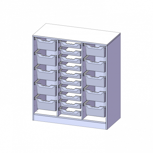 ErgoTray Regal, dreireihig, 3 Ordnerhöhen - evo180 Serie Breite 104,5 cm, Gesamthöhe 118 cm, mit Sockel, rechts und links je 5 hohe, in der Mitte 10 flache ErgoTray Boxen
