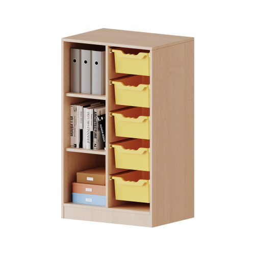 ErgoTray Regal, zweireihig, 3 Ordnerhöhen - evo180 Serie Breite 70,3 cm, Gesamthöhe 118 cm, mit Sockel, links 3 Fächer, rechts 5 hohe ErgoTray Boxen