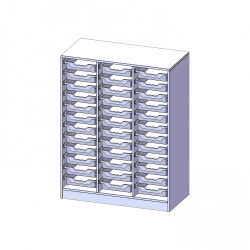 ErgoTray Regal, dreireihig, 3,5 Ordnerhöhen - evo180 Serie Breite 104,5 cm, Gesamthöhe 136 cm, mit Sockel, 36 flache ErgoTray Boxen