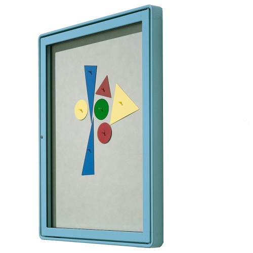 Vitrine W4 mit Flügeltür, Außenwandmontage B/H/T: 62x82x6,5 cm, Rückwand aus Lederstruktur auf Kork, Anschlag rechts