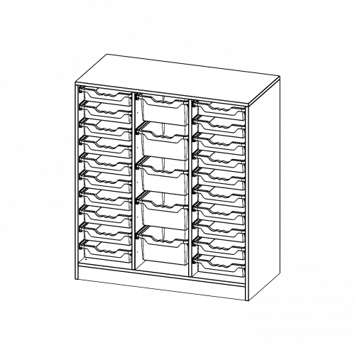 ErgoTray Regal, dreireihig, 3 Ordnerhöhen - evo180 Serie Breite 104,5 cm, Gesamthöhe 118 cm, mit Sockel, rechts und links je 10 flache, in der Mitte 5 hohe ErgoTray Boxen