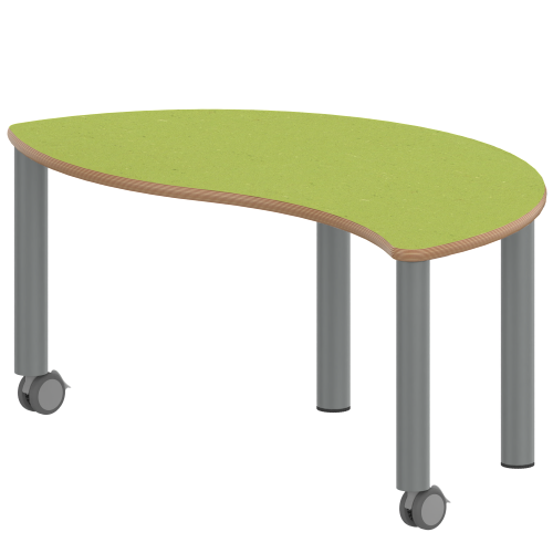Tisch ZALOTTI mit Linoleum-Belag Halbrund-Wellentische, Stellfläche B/T: 120x60 cm, Höhen 25…76 cm, Stahlrohrbeine Ø 60 mm, Fußvariante: fahrbar