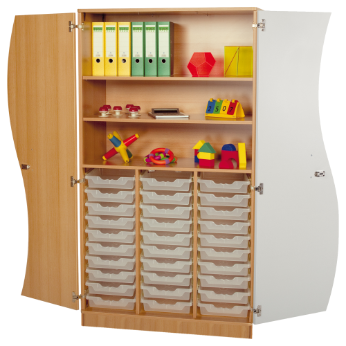 Hochschrank mit Wellentüren, 30 flache ErgoTray Boxen & 2 Einlegeböden B/H/T: 104,5x190x50 cm, Türen Farbe Grün