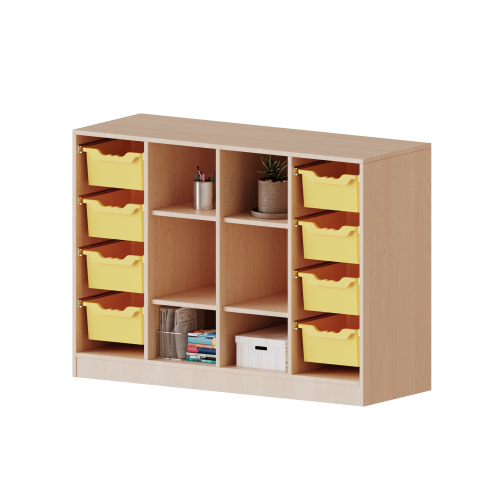 ErgoTray Regal, vierreihig, 2,5 Ordnerhöhen - evo180 Serie Breite 138,7 cm, Gesamthöhe 100 cm, mit Sockel, rechts und links je 4 hohe ErgoTray Boxen, in der Mitte 6 offene Fächer,