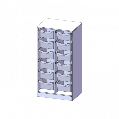 ErgoTray Regal, zweireihig, 3,5 Ordnerhöhen - evo180 Serie Breite 70,3 cm, Gesamthöhe 136 cm, mit Sockel, 12 hohe ErgoTray Boxen