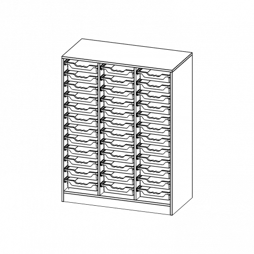 ErgoTray Regal, dreireihig, 3,5 Ordnerhöhen - evo180 Serie Breite 104,5 cm, Gesamthöhe 136 cm, mit Sockel, 36 flache ErgoTray Boxen