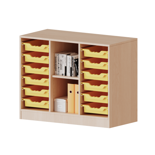 ErgoTray Regal, dreireihig, 2 Ordnerhöhen - evo180 Serie Breite 104,5 cm, Gesamthöhe 82 cm, mit Sockel, rechts und links je 6 flache ErgoTray Boxen, 2 Fächer in der Mitte