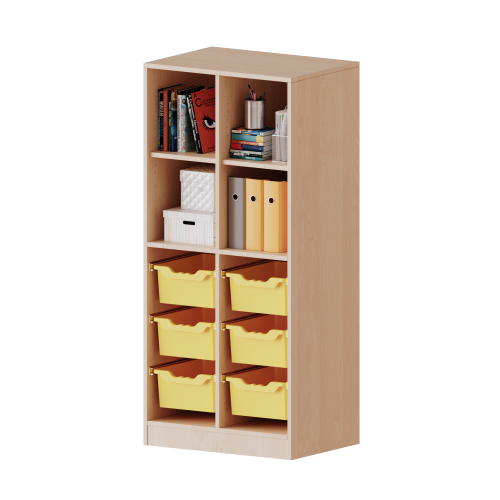 ErgoTray Regal, zweireihig, 4 Ordnerhöhen - evo180 Serie Breite 70,3 cm, Gesamthöhe 154 cm, mit Sockel, oben 4 Fächer, unten 6 hohe ErgoTray Boxen