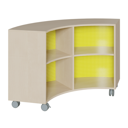 Korpus-Regal auf 1/4-Kreis-Grundriß, Rückwand aus Lochblech Bogenregal auf 90°, B/H/T: 140x62.5x57 cm, mit 4 Zwischenböden, Plexiglasmaterial als Rückwand
