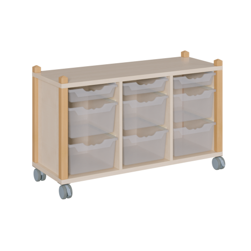 fahrbares Regal in Stollenbauweise B/T: 109x40 cm, 3reihig, 3 verschiedene Höhen, in 3 Reihen unterschiedlich hohe ErgoTray-Boxen