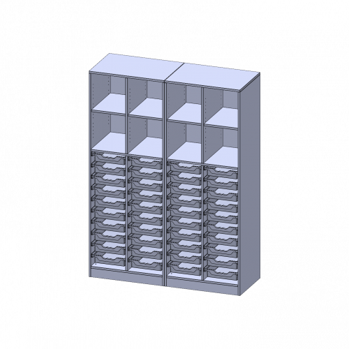 ErgoTray Regal, vierreihig, 5 Ordnerhöhen - evo180 Serie Breite 140,6 cm, Gesamthöhe 190 cm, mit Sockel (81 mm), zweiteilig und Mittelwand, unten 40 flache ErgoTray Boxen, oben 4 Einlegeböden