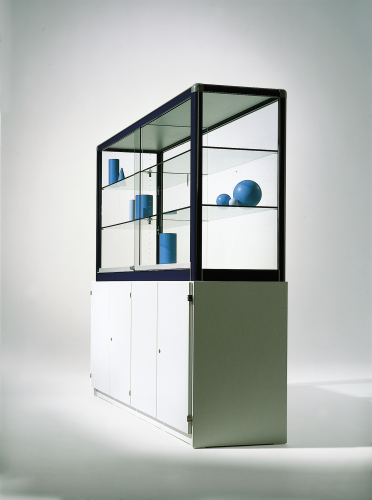 Glasvitrine V7 mit Unterschrank, Vitrine aus Sicherheitsglas B/H/T: 100x180x50 cm, Korpusdekor, Rückwandmaterial und Rahmenfarbe wählbar
