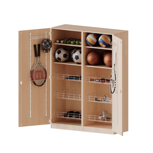 Sportschrank, 5 Ordnerhöhen - Serie evo180 B/H/T: 140,6x190x60 cm, 6 Ballkörbe, Halterungen an den Türen, mit Sockel (81 mm)