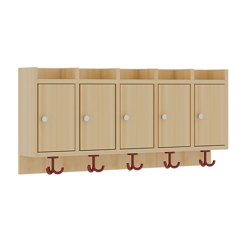 Garderobenablage mit Türen Fächer mit Türen, darunter 3fach-Haken, oben offene Unterteilungen, H/T: 46x27 cm, aus feuerhemmendem Material - Dekor Buche