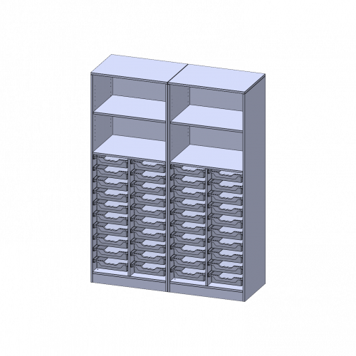 ErgoTray Regal, vierreihig, 5 Ordnerhöhen - evo180 Serie Breite 140,6 cm, Gesamthöhe 190 cm, mit Sockel (81 mm), zweiteilig, unten 40 flache ErgoTray Boxen, oben 2 Einlegeböden