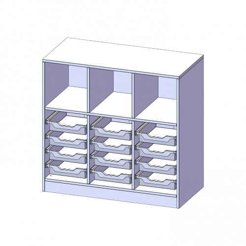 ErgoTray Regal, dreireihig, 2,5 Ordnerhöhen - evo180 Serie Breite 104,5 cm, Gesamthöhe 100 cm, mit Sockel, oben 3 Fächer, unten 12 flache ErgoTray Boxen