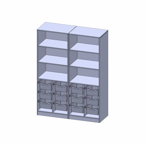 ErgoTray Regal, vierreihig, 5 Ordnerhöhen - evo180 Serie Breite 140,6 cm, Gesamthöhe 190 cm, mit Sockel (81 mm), zweiteilig, unten 12 hohe ErgoTray Boxen, oben 4 Einlegeböden