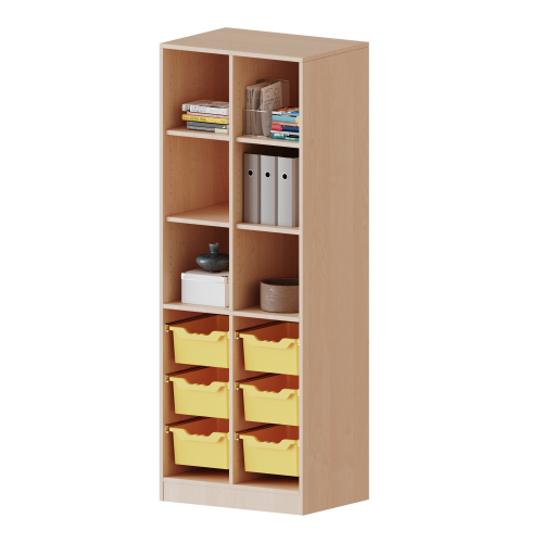 ErgoTray Regal, zweireihig, 5 Ordnerhöhen - evo180 Serie B/H/T: 70,3x190x50 cm, mit Sockel (81 mm) und Mittelwand, unten 6 hohe ErgoTray Boxen, oben 4 Einlegeböden