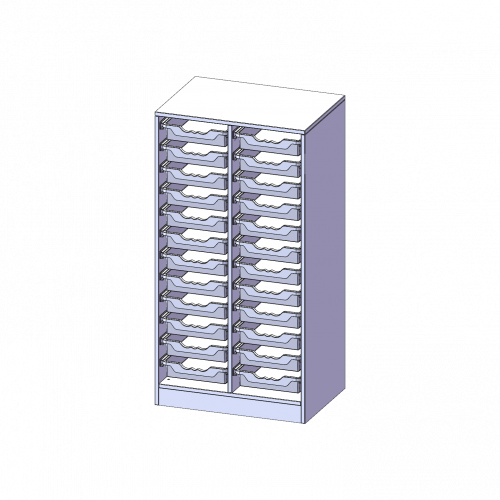 ErgoTray Regal, zweireihig, 3,5 Ordnerhöhen - evo180 Serie B/H/T: 70,3x136x50 cm, mit Sockel (81 mm), 24 flache ErgoTray Boxen