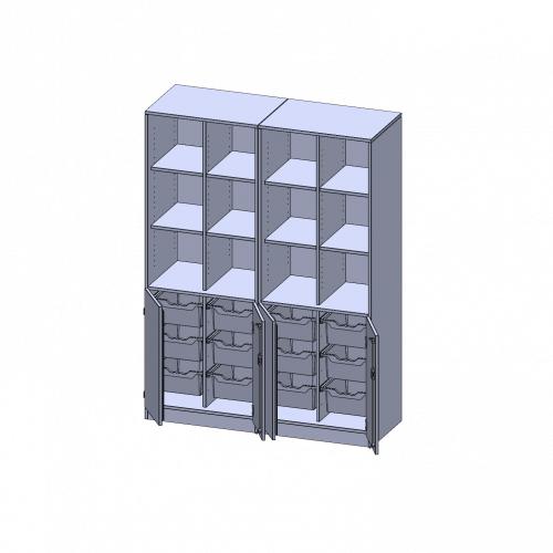ErgoTray Kombi-Schrank, vierreihig, zweiteilig, 5 Ordnerhöhen - evo180 Serie B/H/T: 140,6x190x50 cm, unten 2 OH Türen und 12 hohe ErgoTray Boxen, oben 3 OH Regal, mit Sockel (81 mm), 2 Mittelwände