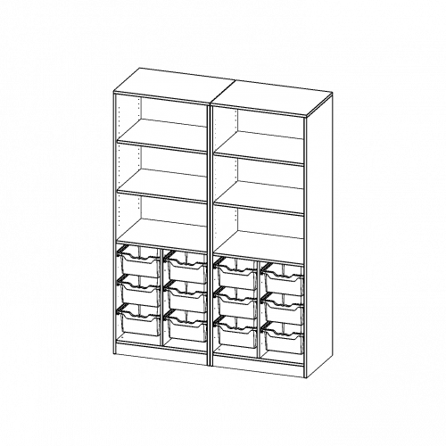 ErgoTray Regal, vierreihig, 5 Ordnerhöhen - evo180 Serie Breite 140,6 cm, Gesamthöhe 190 cm, mit Sockel (81 mm), zweiteilig, unten 12 hohe ErgoTray Boxen, oben 4 Einlegeböden