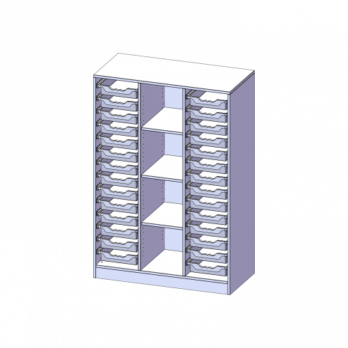 ErgoTray Regal, dreireihig, 4 Ordnerhöhen - evo180 Serie Breite 104,5 cm, Gesamthöhe 154 cm, mit Sockel, rechts und links je 14 flache ErgoTray Boxen, 4 Fächer in der Mitte