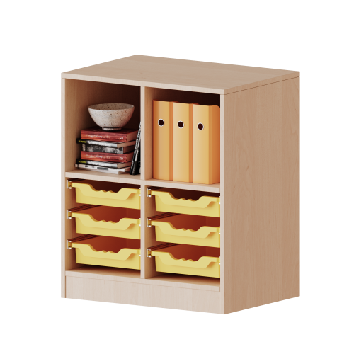 ErgoTray Regal, zweireihig, 2 Ordnerhöhen - evo180 Serie Breite 70,3 cm, Gesamthöhe 82 cm, mit Sockel, oben 2 Fächer, unten 6 flache ErgoTray Boxen