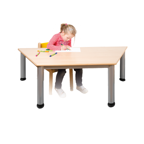 Trapezförmiger Tisch, Platte mit Schichtstoff verschiedene Größen in wählbarer Höhe, Stahlrohr-Füße Ø 60