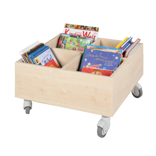 Bücherkiste CuBe, 4 Fächern auf der Oberseite, fahrbar B/H/T: 60x35x60 cm
