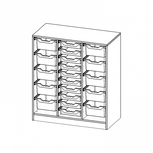 ErgoTray Regal, dreireihig, 3 Ordnerhöhen - evo180 Serie Breite 104,5 cm, Gesamthöhe 118 cm, mit Sockel, rechts und links je 5 hohe, in der Mitte 10 flache ErgoTray Boxen