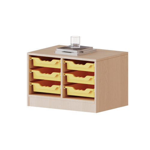 ErgoTray Regal, zweireihig, 1 Ordnerhöhe - evo180 Serie Breite 70,3 cm, Gesamthöhe 46 cm, mit Sockel, 6 flache ErgoTray Boxen