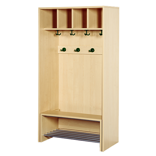 Korpus-Garderobe mit einschiebbarer Bank Bank aus feuerhemmendem Material - Dekor Buche, mit Schuhrost, je Platz mit 3fach- und 2fach-Haken, H/T: 158x46 cm