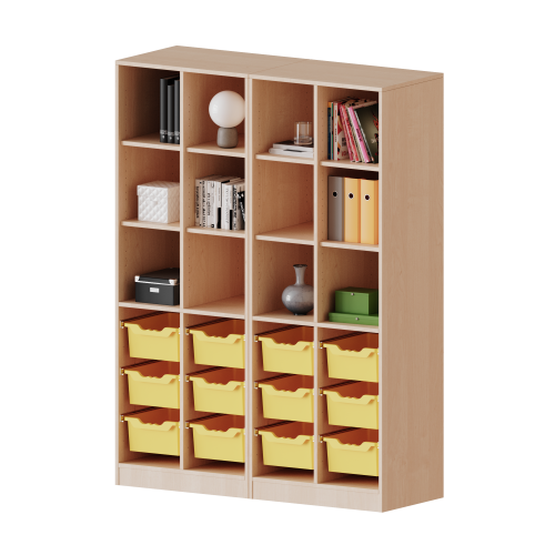 ErgoTray Regal, vierreihig, 5 Ordnerhöhen - evo180 Serie Breite 140,6 cm, Gesamthöhe 190 cm, mit Sockel (81 mm), zweiteilig und Mittelwand, unten 12 hohe ErgoTray Boxen, oben 8 Einlegeböden