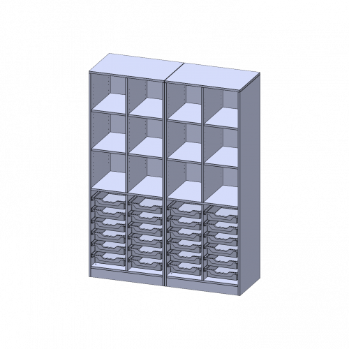ErgoTray Regal, vierreihig, 5 Ordnerhöhen - evo180 Serie Breite 140,6 cm, Gesamthöhe 190 cm, mit Sockel (81 mm), zweiteilig und Mittelwand, unten 24 flache ErgoTray Boxen, oben 8 Einlegeböden