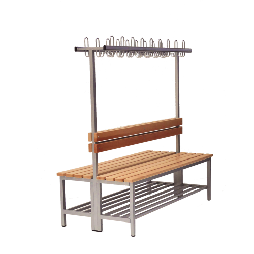 Umkleidebank doppelseitig mit Massivholz Sitzleisten und Hakenleiste B/H/T: 150x45/155x73 cm, Sitzbank doppelseitig mit Schuhrost, Dreifachhaken, Gestellfarbe nach RAL