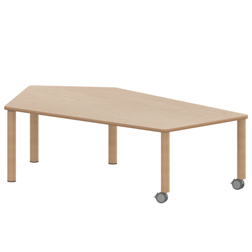 Tisch ZALOTTI mit Schichtstoff-Belag Fünfecktisch-groß, Stellfläche B/T: 185x104 cm, Höhen 25…76 cm, Massivholzbeine Ø 60 mm, Fußvariante: fahrbar