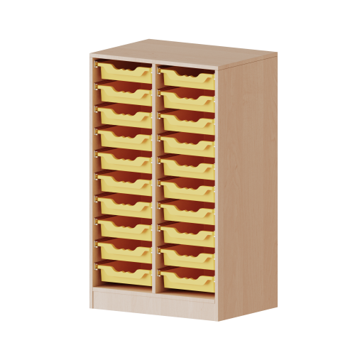 ErgoTray Regal, zweireihig, 3 Ordnerhöhen - evo180 Serie Breite 70,3 cm, Gesamthöhe 118 cm, mit Sockel, 20 flache ErgoTray Boxen