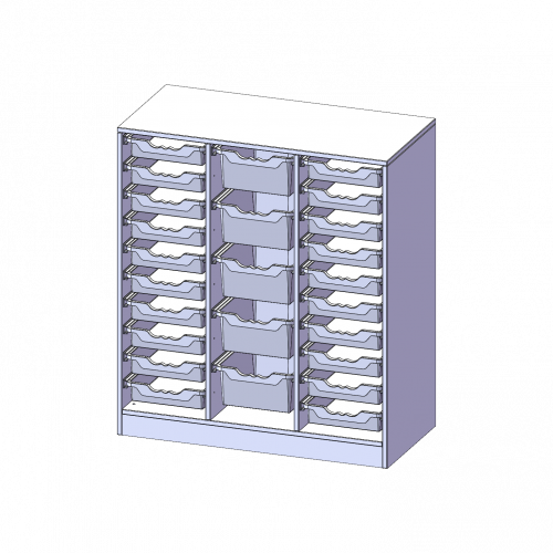 ErgoTray Regal, dreireihig, 3 Ordnerhöhen - evo180 Serie Breite 104,5 cm, Gesamthöhe 118 cm, mit Sockel, rechts und links je 10 flache, in der Mitte 5 hohe ErgoTray Boxen