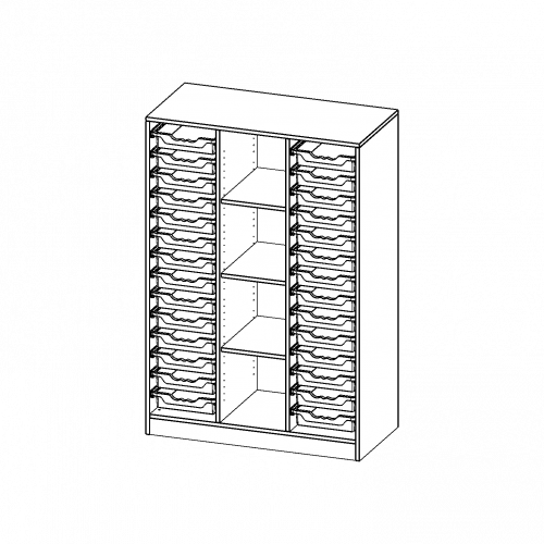 ErgoTray Regal, dreireihig, 4 Ordnerhöhen - evo180 Serie Breite 104,5 cm, Gesamthöhe 154 cm, mit Sockel, rechts und links je 14 flache ErgoTray Boxen, 4 Fächer in der Mitte