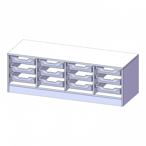 ErgoTray Regal, vierreihig, 1 Ordnerhöhe - evo180 Serie B/H/T: 138,7x46x50 cm, mit Sockel (81 mm), 12 flache ErgoTray Boxen