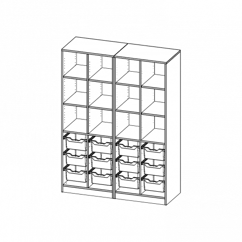 ErgoTray Regal, vierreihig, 5 Ordnerhöhen - evo180 Serie Breite 140,6 cm, Gesamthöhe 190 cm, mit Sockel (81 mm), zweiteilig und Mittelwand, unten 12 hohe ErgoTray Boxen, oben 8 Einlegeböden