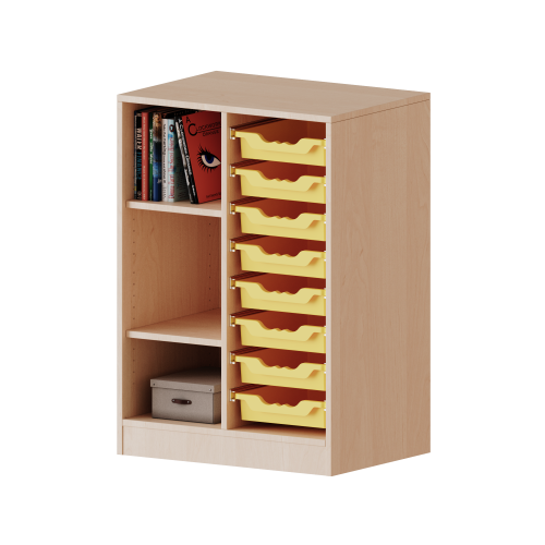 ErgoTray Regal, zweireihig, 2,5 Ordnerhöhen - evo180 Serie Breite 70,3 cm, Gesamthöhe 100 cm, mit Sockel, links 3 Fächer, rechts 8 flache ErgoTray Boxen