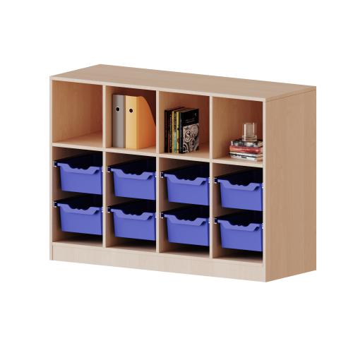 ErgoTray Regal, vierreihig, 2,5 Ordnerhöhen - evo180 Serie Breite 138,7 cm, Gesamthöhe 100 cm, mit Sockel, oben 4 Fächer, unten 8 hohe ErgoTray Boxen