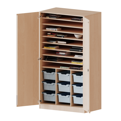 Bastelschrank, 5 Ordnerhöhen - Serie evo180 B/H: 104,5x190 cm, mit Sockel (81 mm), 2-türiger Schrank mit 9 hohen ErgoTray Boxen