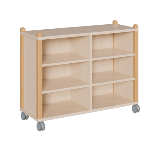 fahrbares Regal in Stollenbauweise B/T: 109x40 cm, 3 verschiedene Höhen, damit 2 / 4 / 6 Fächer, Mittelwand außermittig versetzt