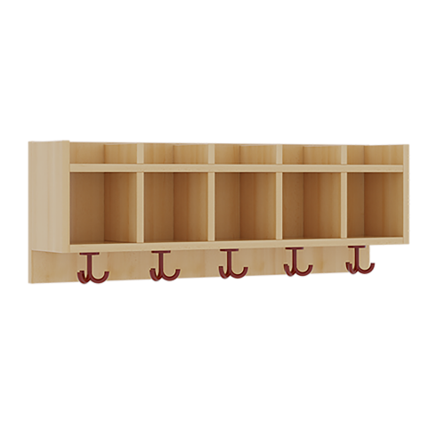 einfache Garderobenablage Fächer, darunter 3fach-Haken, oben offene Unterteilungen, H/T: 34,5x20 cm, aus feuerhemmendem Material - Dekor Buche