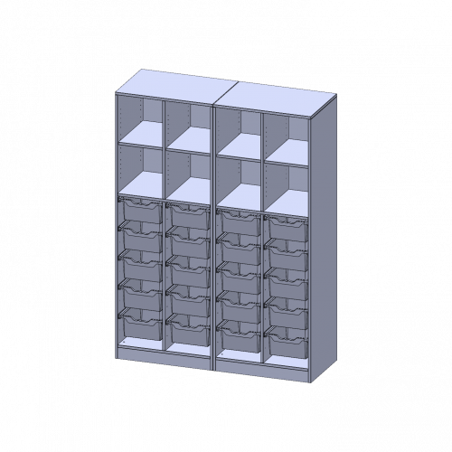 ErgoTray Regal, vierreihig, 5 Ordnerhöhen - evo180 Serie Breite 140,6 cm, Gesamthöhe 190 cm, mit Sockel (81 mm), zweiteilig und Mittelwand, unten 20 hohe ErgoTray Boxen, oben 4 Einlegeböden