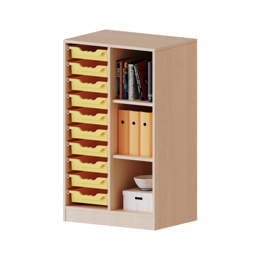 ErgoTray Regal, zweireihig, 3 Ordnerhöhen - evo180 Serie Breite 70,3 cm, Gesamthöhe 118 cm, mit Sockel, rechts 3 Fächer, links 10 flache ErgoTray Boxen