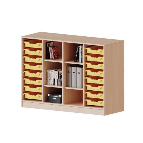 ErgoTray Regal, vierreihig, 2,5 Ordnerhöhen - evo180 Serie Breite 138,7 cm, Gesamthöhe 100 cm, mit Sockel, rechts und links je 8 flache ErgoTray Boxen, in der Mitte 6 offene Fächer